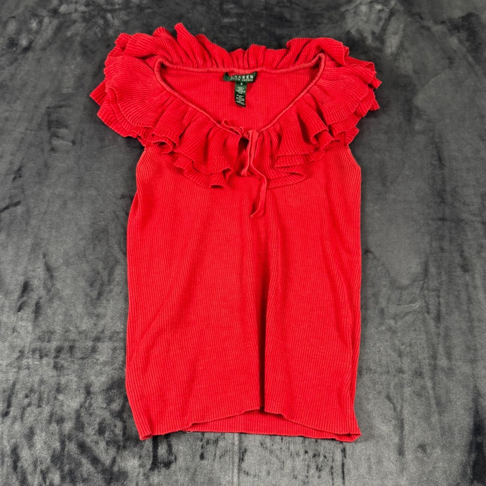 Lauren Ralph Lauren Knit Top Womens Small Red Ruffle Neck Silk Blend 3697